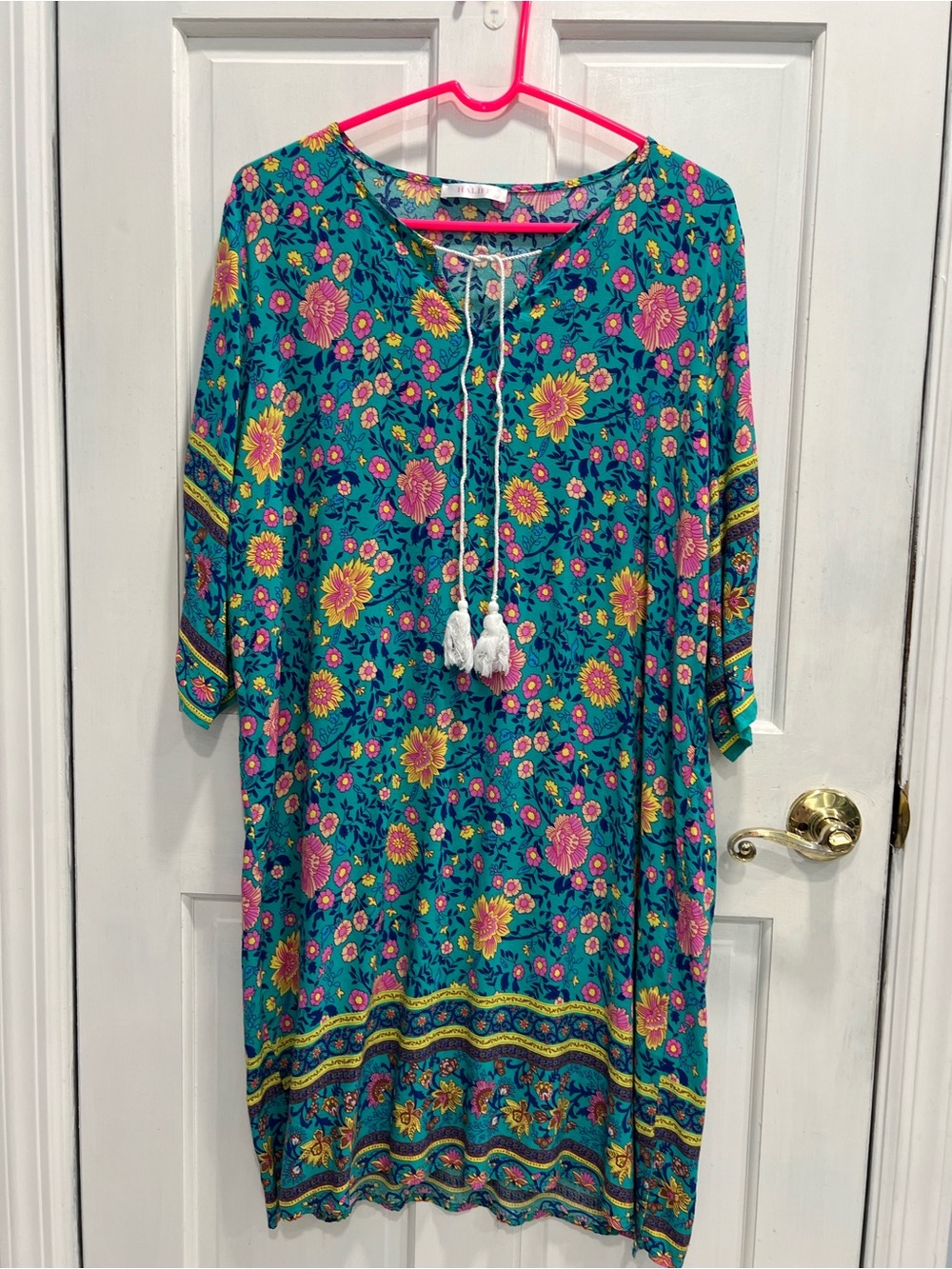 HALIFE Teal Pink Tassel Tie Beach Cruise Boho Floral Tunic Dress SZ XL Pre Loved